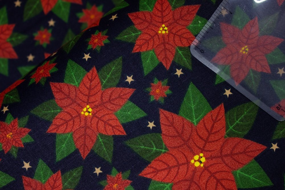 Price Per Yard Christmas Poinsettias on Navy background 100% Cotton Fabric