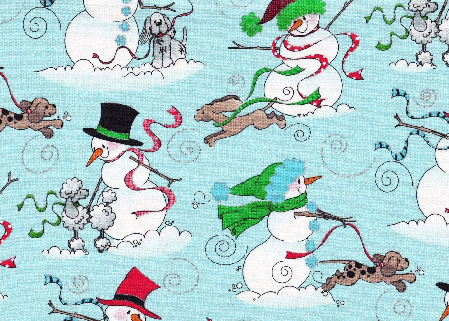 Fabric Traditions Snowman with Dogs Blue Glitter Christmas