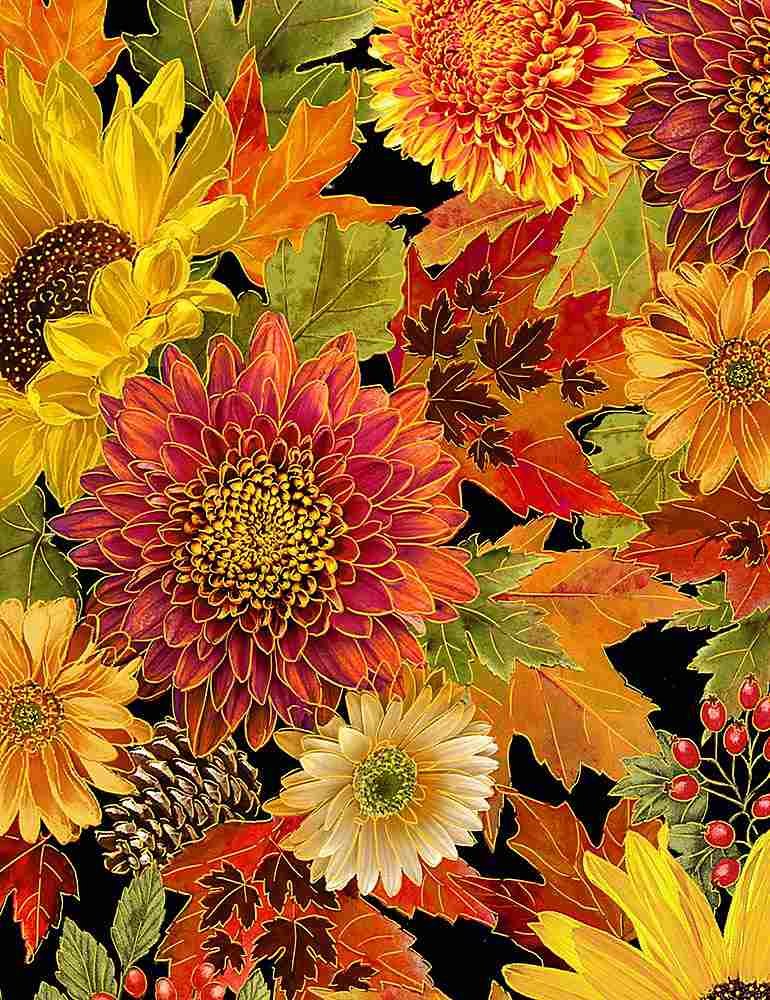 Thanksgiving Packed Harvest Bouquet on Black Metallic 100% Cotton Price per Yard