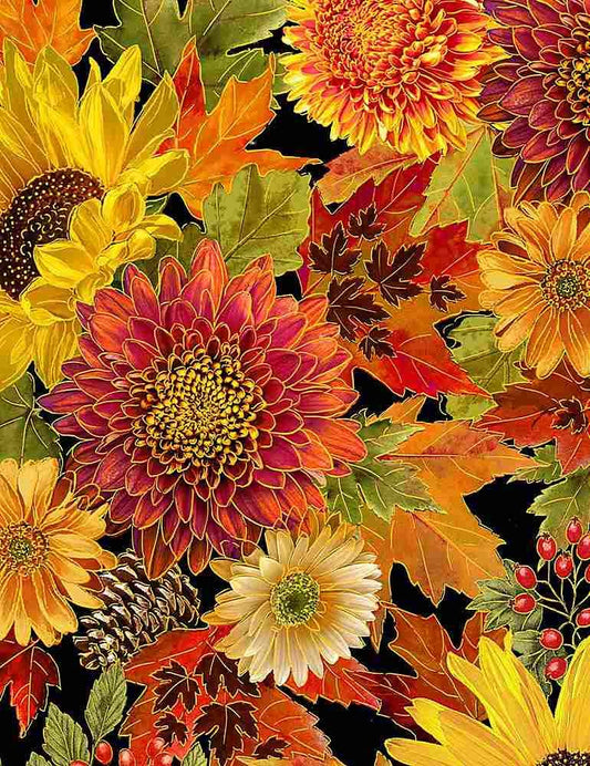 Thanksgiving Packed Harvest Bouquet on Black Metallic 100% Cotton Price per Yard