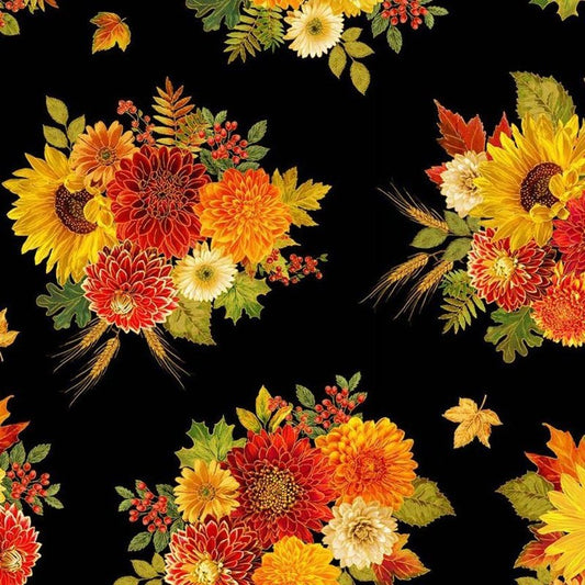 Thanksgiving Harvest Bouquet on Black Metallic 100% Cotton Price per Yard