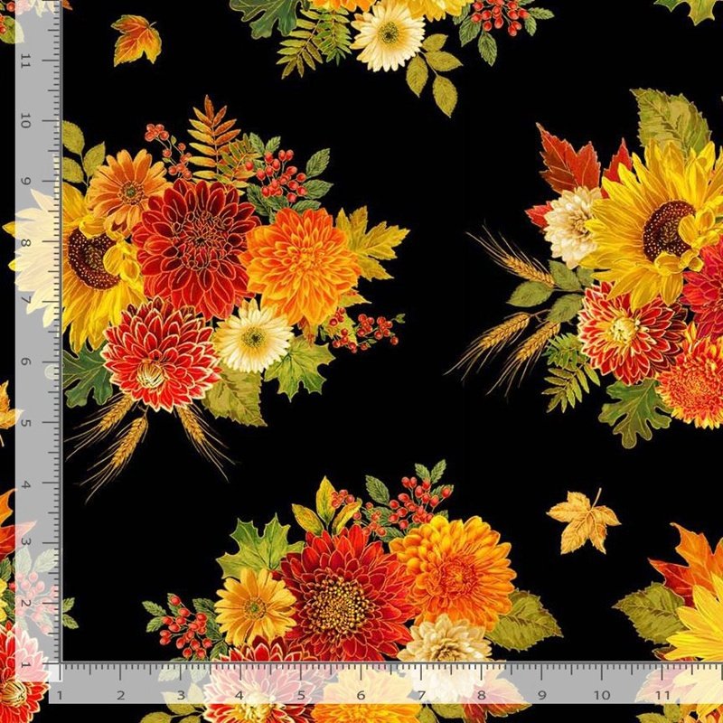 Thanksgiving Harvest Bouquet on Black Metallic 100% Cotton Price per Yard