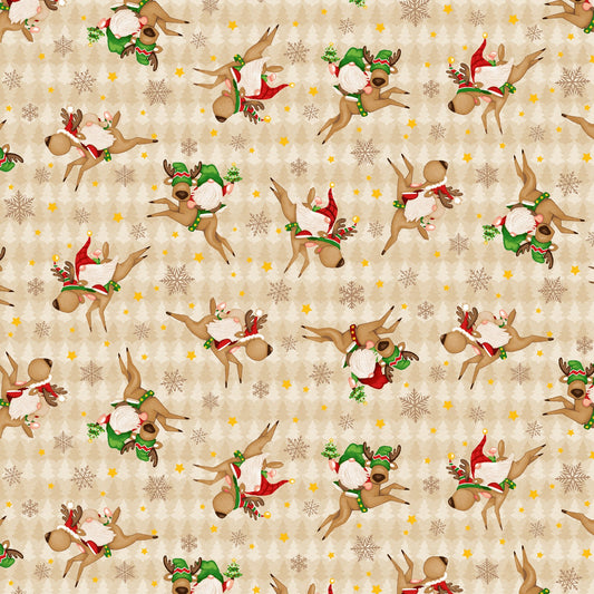 44 x 36 Tossed Gnomies on Reindeer Timber Gnomies Tree Farm Beige Henry Glass 100% Cotton All Over Print