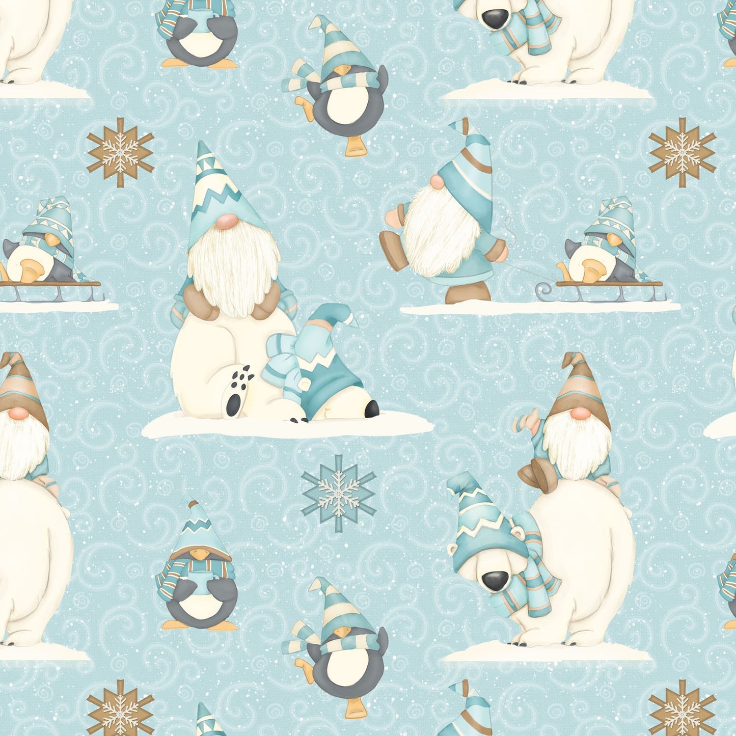 44 x 36 Flannel Polar Bear Penquin Gnomes I Love Sn’Gnomies Aqua Blue Henry Glass Christmas 100% Cotton