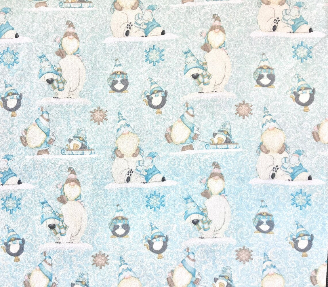 44 x 36 Flannel Polar Bear Penquin Gnomes I Love Sn’Gnomies Aqua Blue Henry Glass Christmas 100% Cotton