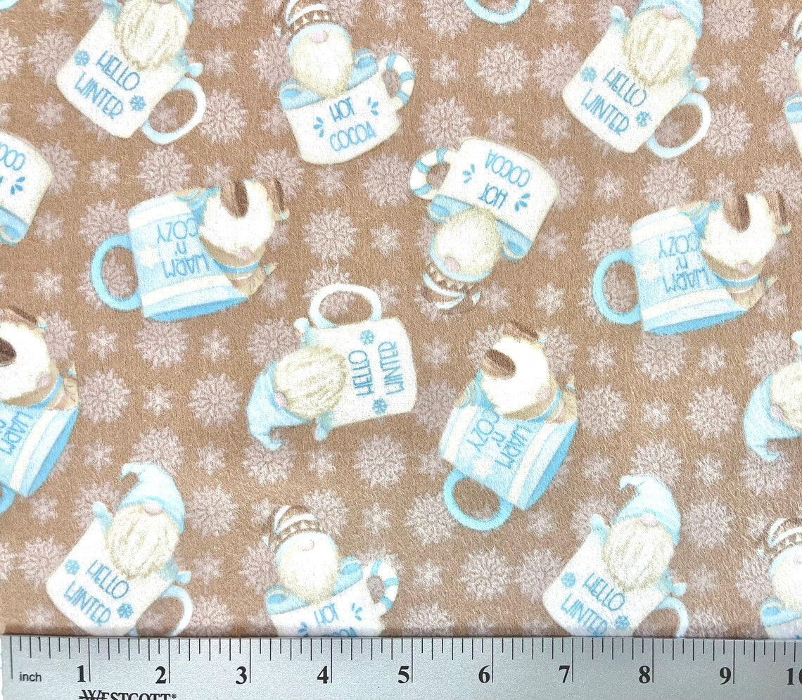 44 x 36 Flannel Gnomes Hot Cocoa Cup Brown I Love Sn’Gnomies Henry Glass Christmas 100% Cotton