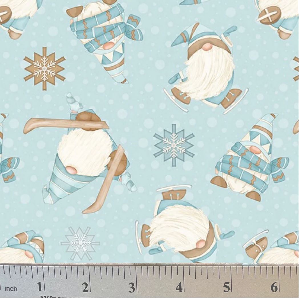 44 x 36 Flannel Gnomes Skiing Aqua Blue I Love Sn’Gnomies Henry Glass Christmas 100% Cotton