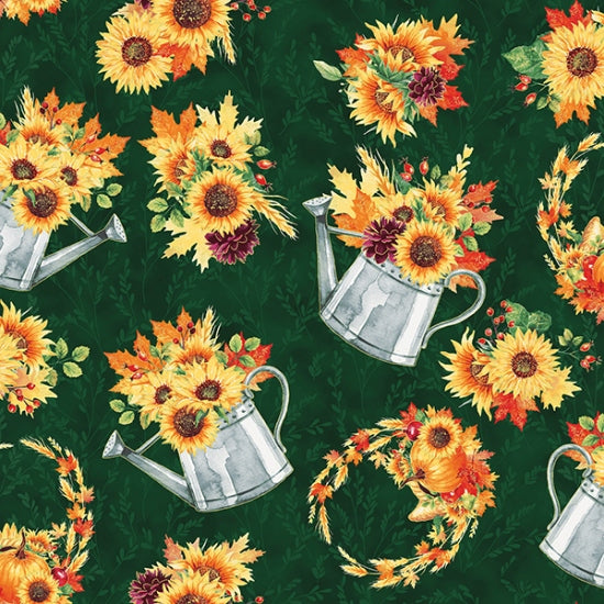 Hoffman Fabrics Thanksgiving Fall Blooms Metallic Flowers in Watering Can Emerald Gold Green 100% Cotton Sold by the Yard