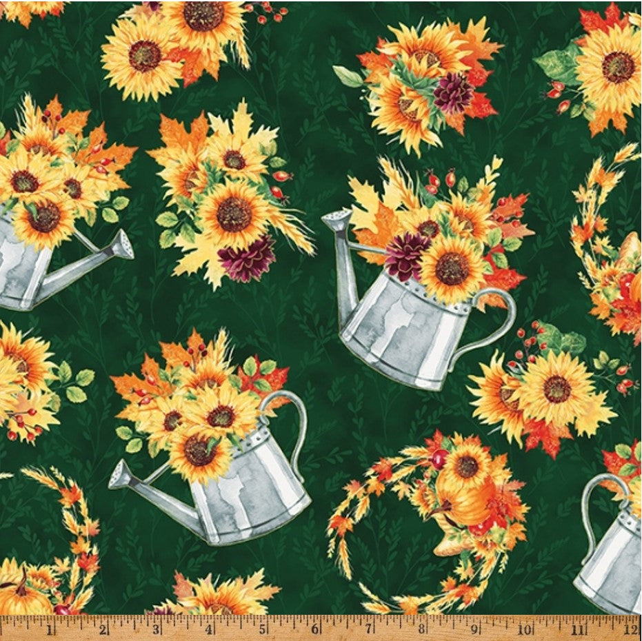 Hoffman Fabrics Thanksgiving Fall Blooms Metallic Flowers in Watering Can Emerald Gold Green 100% Cotton Sold by the Yard