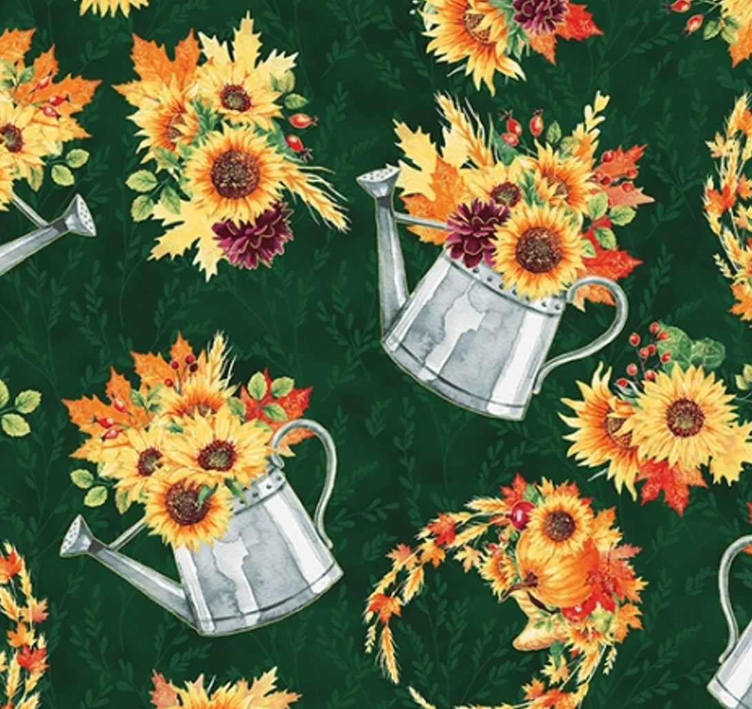 Hoffman Fabrics Thanksgiving Fall Blooms Metallic Flowers in Watering Can Emerald Gold Green 100% Cotton Sold by the Yard