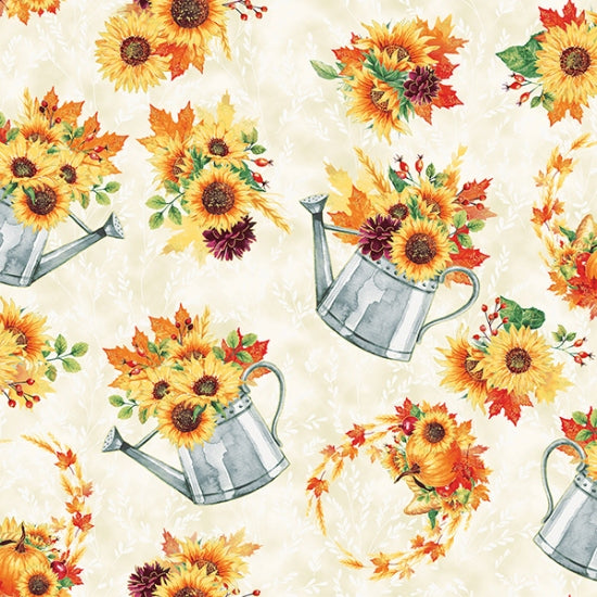 Hoffman Fabrics Thanksgiving Fall Blooms Metallic Flowers in Watering Can Cream 100% Cotton Sold by the Yard