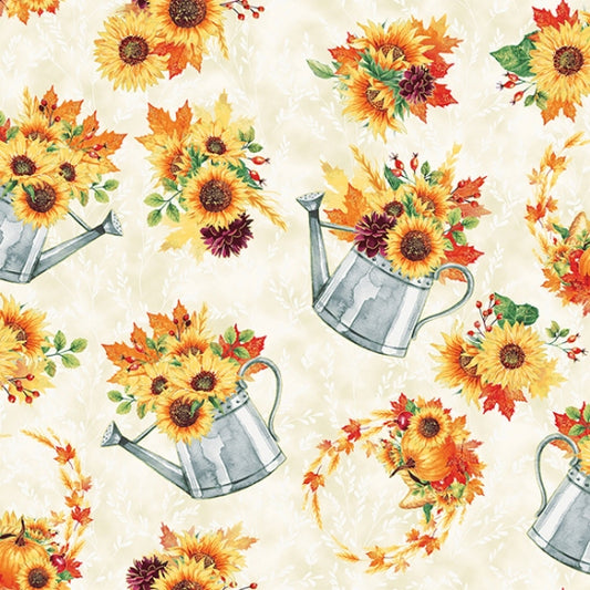 Hoffman Fabrics Thanksgiving Fall Blooms Metallic Flowers in Watering Can Cream 100% Cotton Sold by the Yard