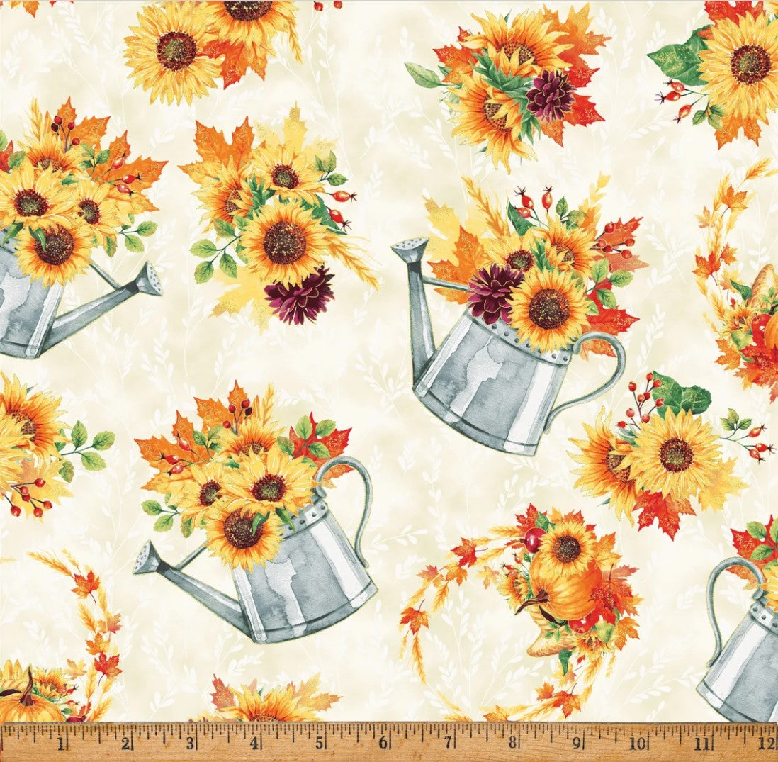 Hoffman Fabrics Thanksgiving Fall Blooms Metallic Flowers in Watering Can Cream 100% Cotton Sold by the Yard