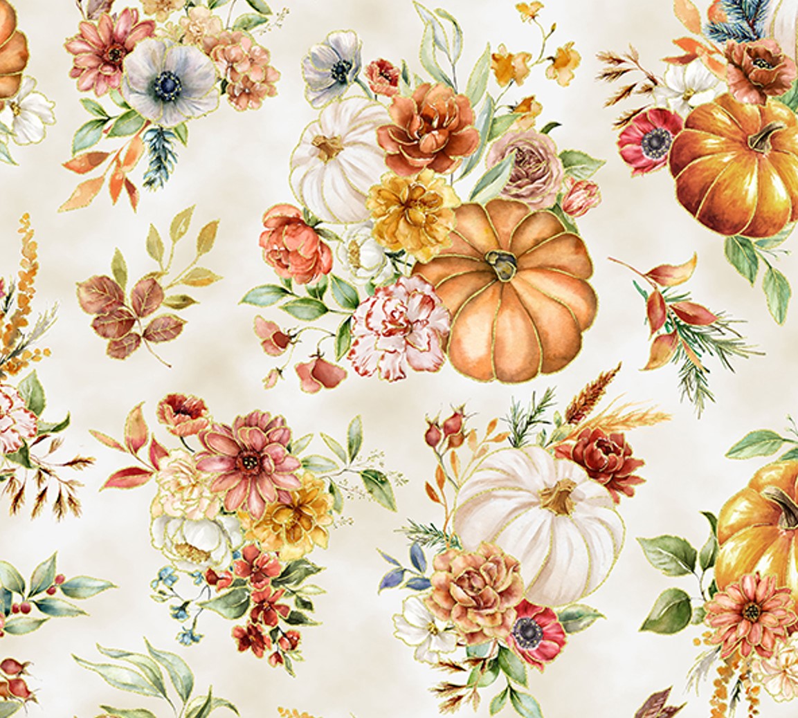 Hoffman Fabrics Thanksgiving Harvest Bouquet Flowers and Pumpkins on Cream 100% Cotton