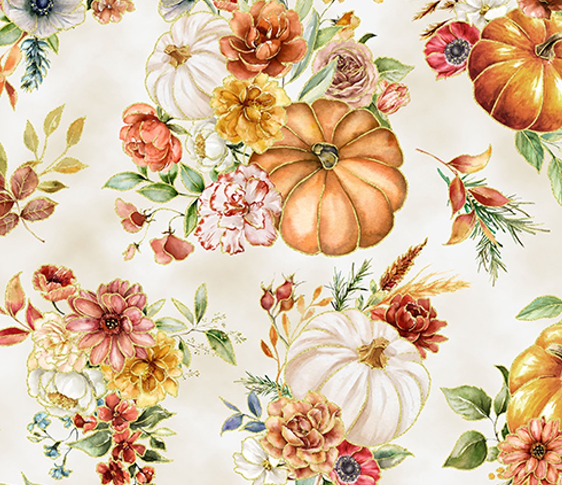 Hoffman Fabrics Thanksgiving Harvest Bouquet Flowers and Pumpkins on Cream 100% Cotton