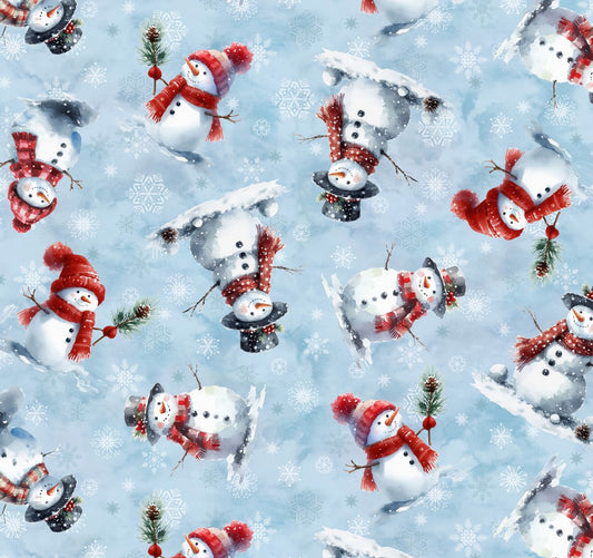 Christmas Cozy Tidings Tossed Snowmen on Blue