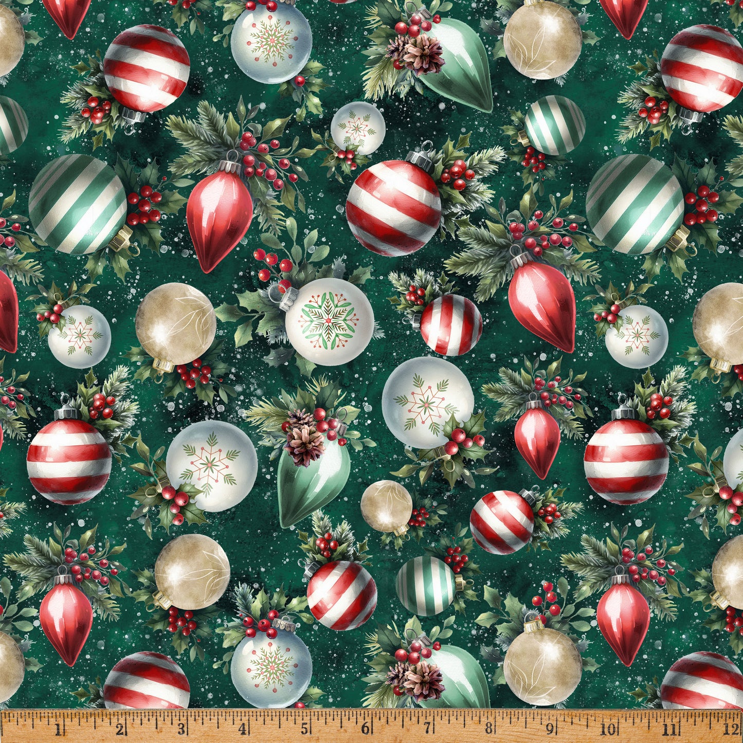 Christmas Cozy Tidings Tossed Ornaments on Pine Green