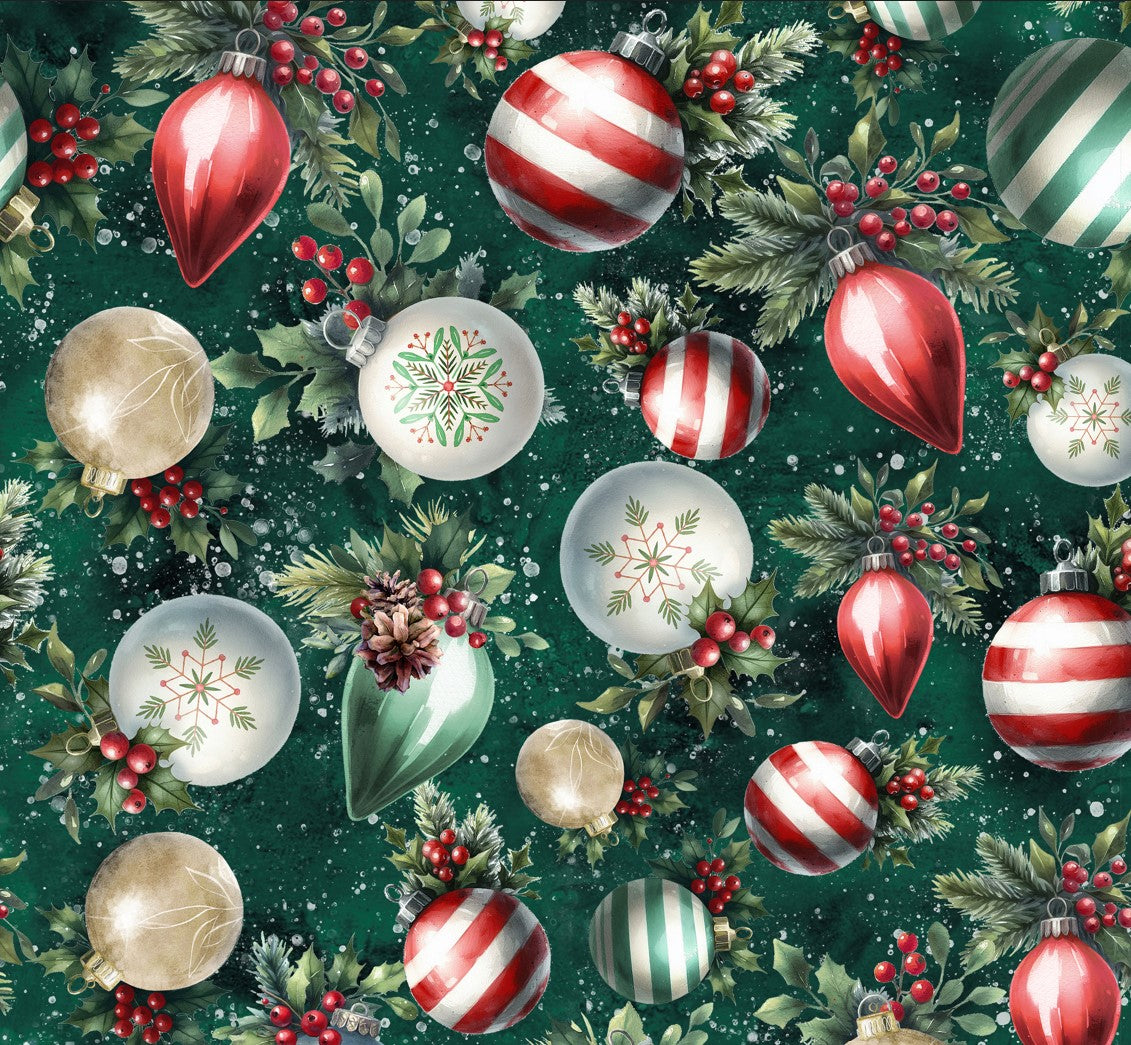 Christmas Cozy Tidings Tossed Ornaments on Pine Green