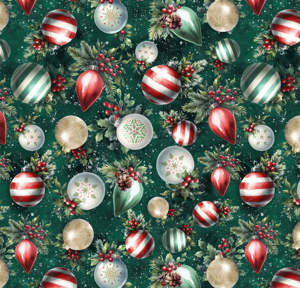 Christmas Cozy Tidings Tossed Ornaments on Pine Green