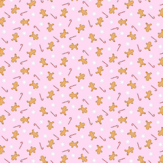 Timeless Treasures Christmas Mini Gingerbread Men and Candy Canes on Pink 100% Cotton Fabric