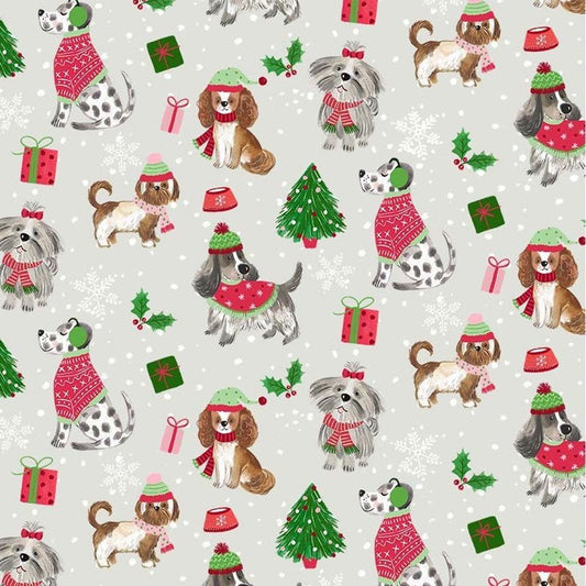 Christmas Dogs on Gray 100% Cotton Price per Yard
