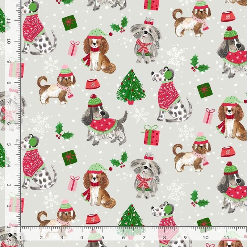 Christmas Dogs on Gray 100% Cotton Price per Yard