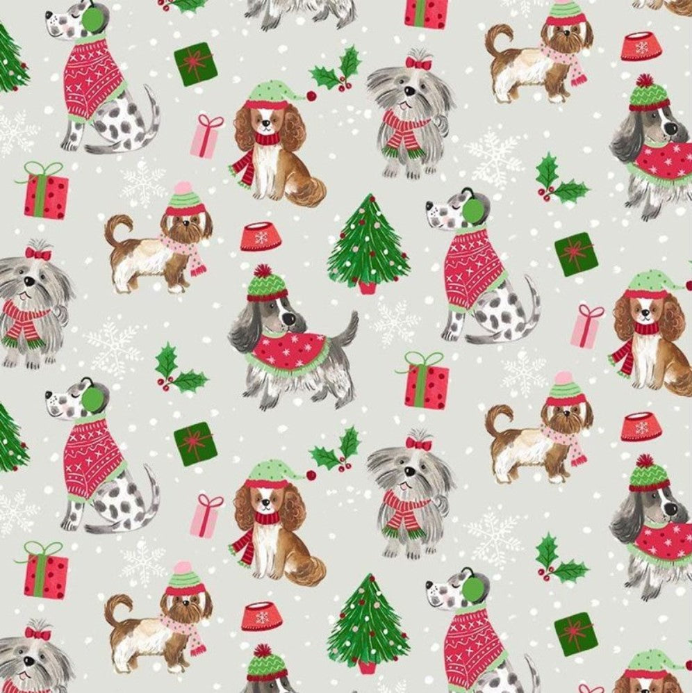 Christmas Dogs on Gray 100% Cotton Price per Yard