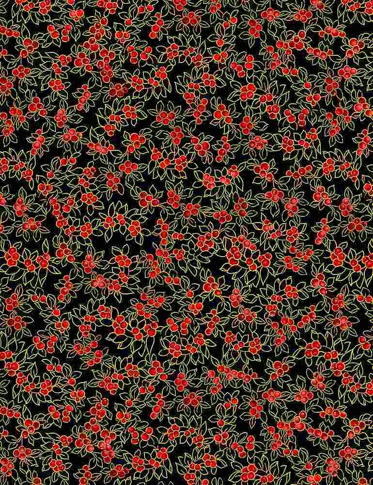 45 x 36 Christmas Metallic Leaves Holiday Berries on Black Timeless Treasures 100% Cotton