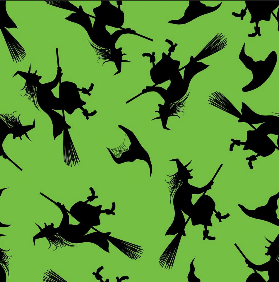 45 x 36 Halloween Flying Witches on Broomsticks on Green 100% Cotton Fabric