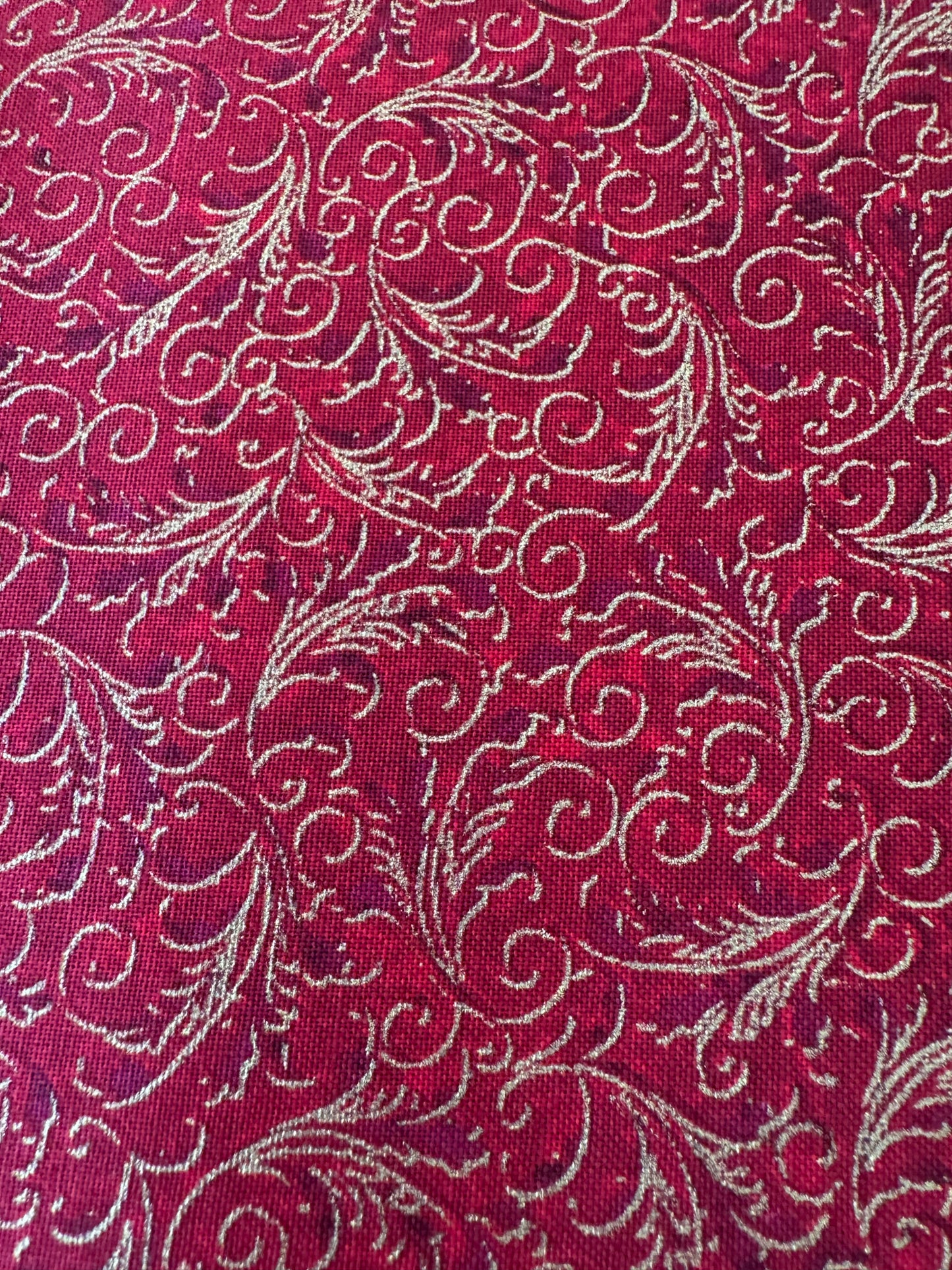 Hi Fashion Christmas Gold Scroll on Red Metallic 100% Cotton Fabric Price Per Yard