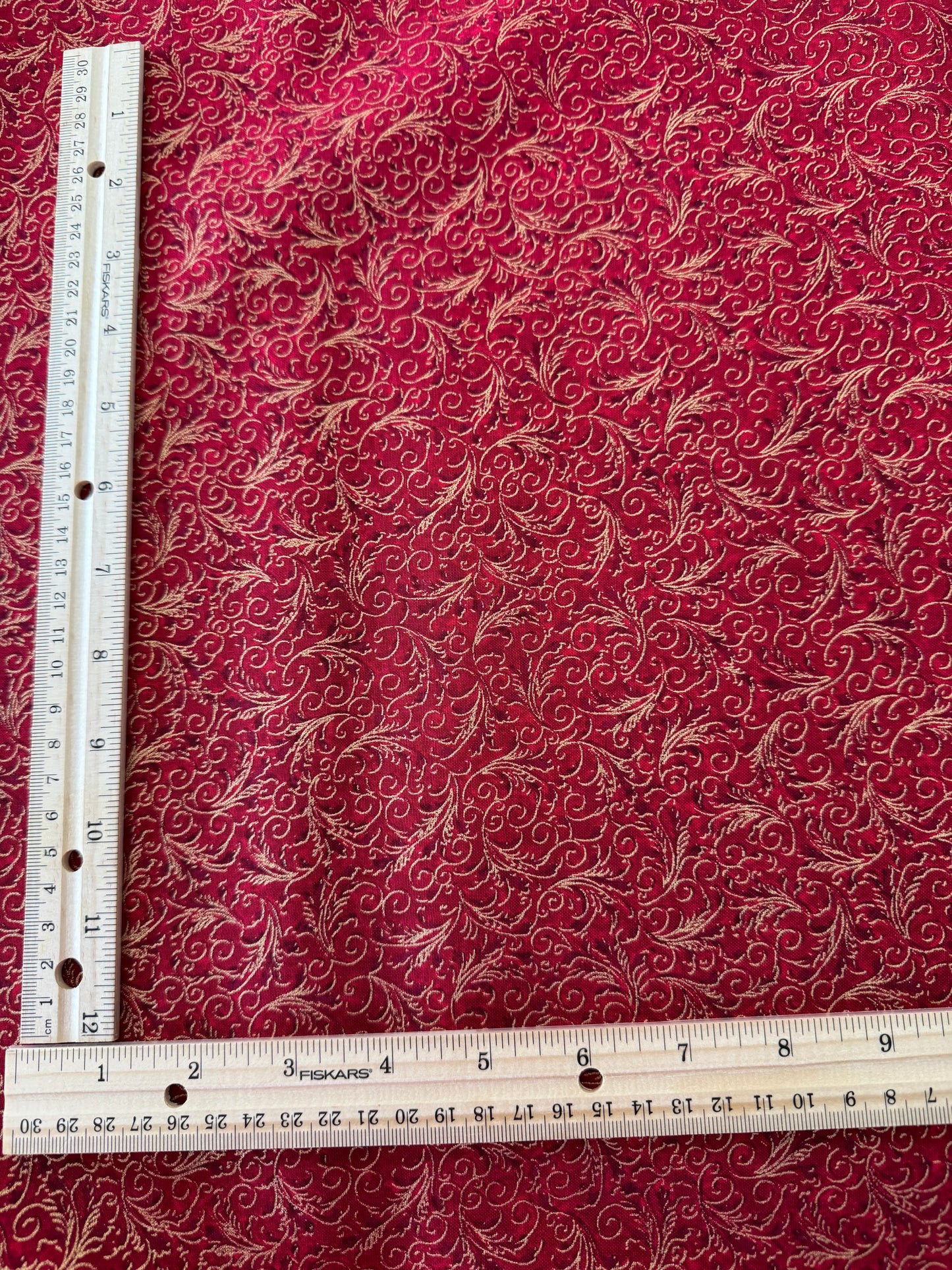 Hi Fashion Christmas Gold Scroll on Red Metallic 100% Cotton Fabric Price Per Yard