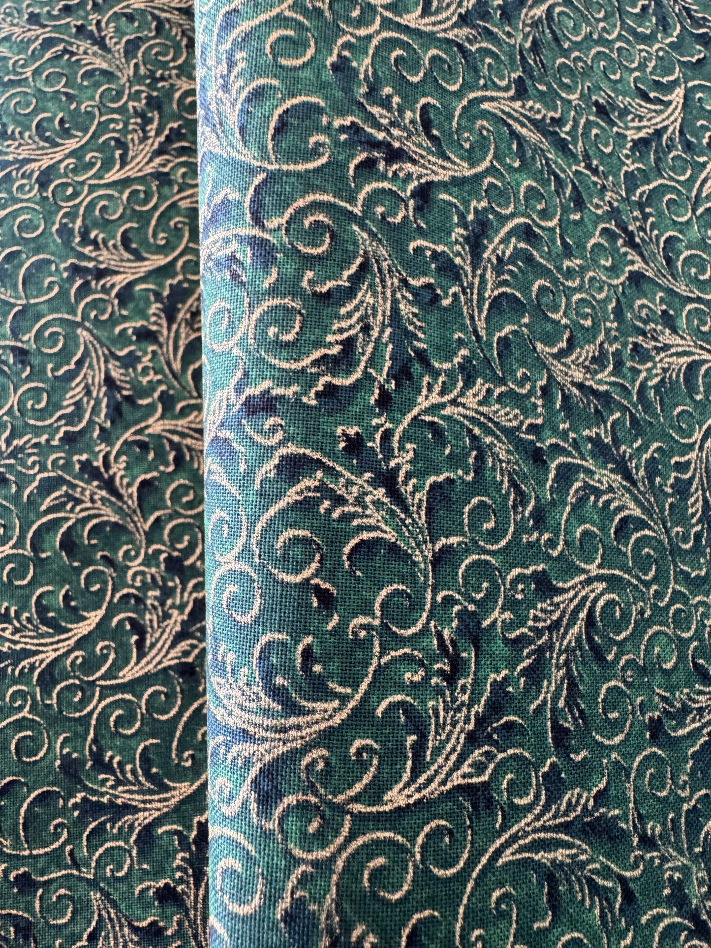 Hi Fashion Christmas Gold Scroll on Green Metallic 100% Cotton Fabric Price Per Yard