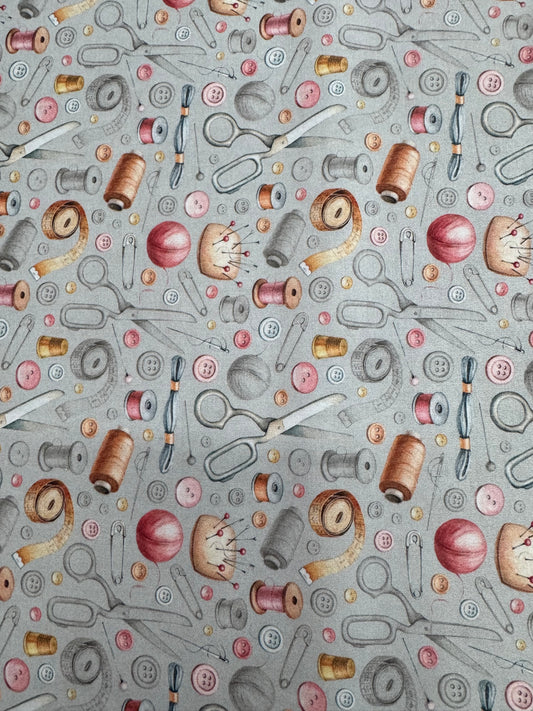 Sewing Notions on Gray Digital 100% Cotton Fabric Novelty