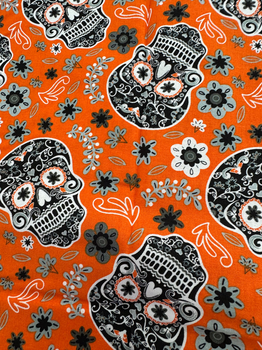 David Textiles 1 Yard PRECUT Sugar Skulls on Orange 100% Cotton