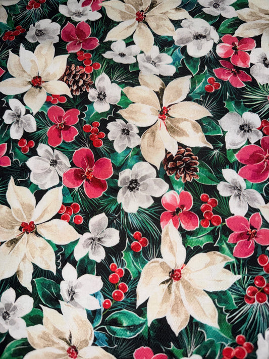 Christmas Noel Poinsettia Pinecones on Green Teal 100% Cotton