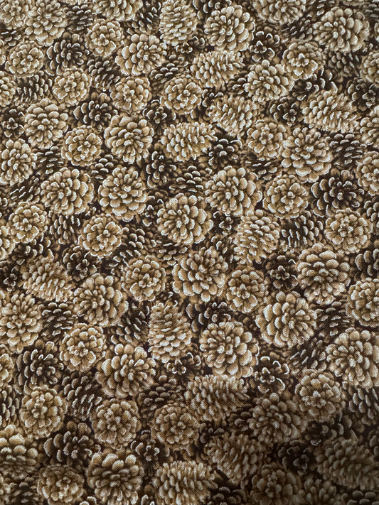 Christmas Packed Pinecones with Metallic Accents 100% Cotton Price per Yard