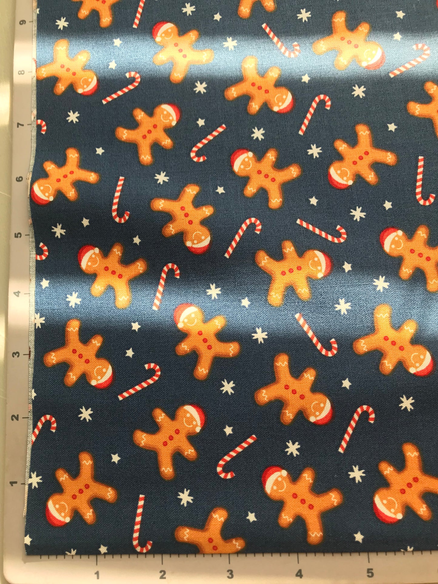 44 x 36 Christmas Gingerbread and Candy Canes on Blue 100% Cotton Fabric By the Yard