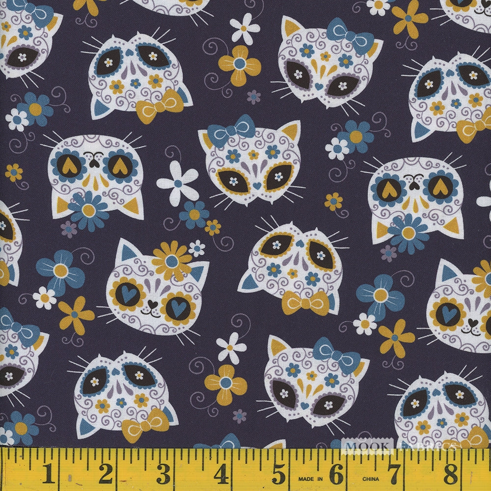 Price per Yard Sugar Skulls Cats on Blue 100% Cotton Fabric Halloween