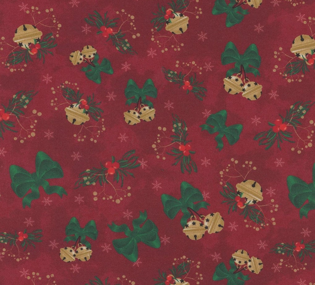 A close-up of a repeating Christmas pattern on a dark red background, featuring green holly leaves, red berries, gold bells, and small pale pink snowflakes.