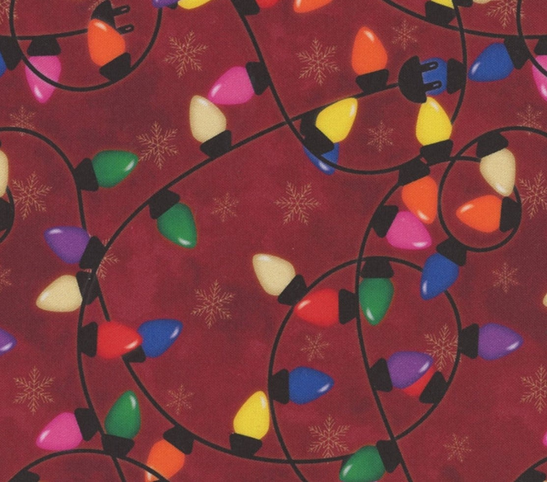 Christmas Lights on Red 100% Cotton Price per yard