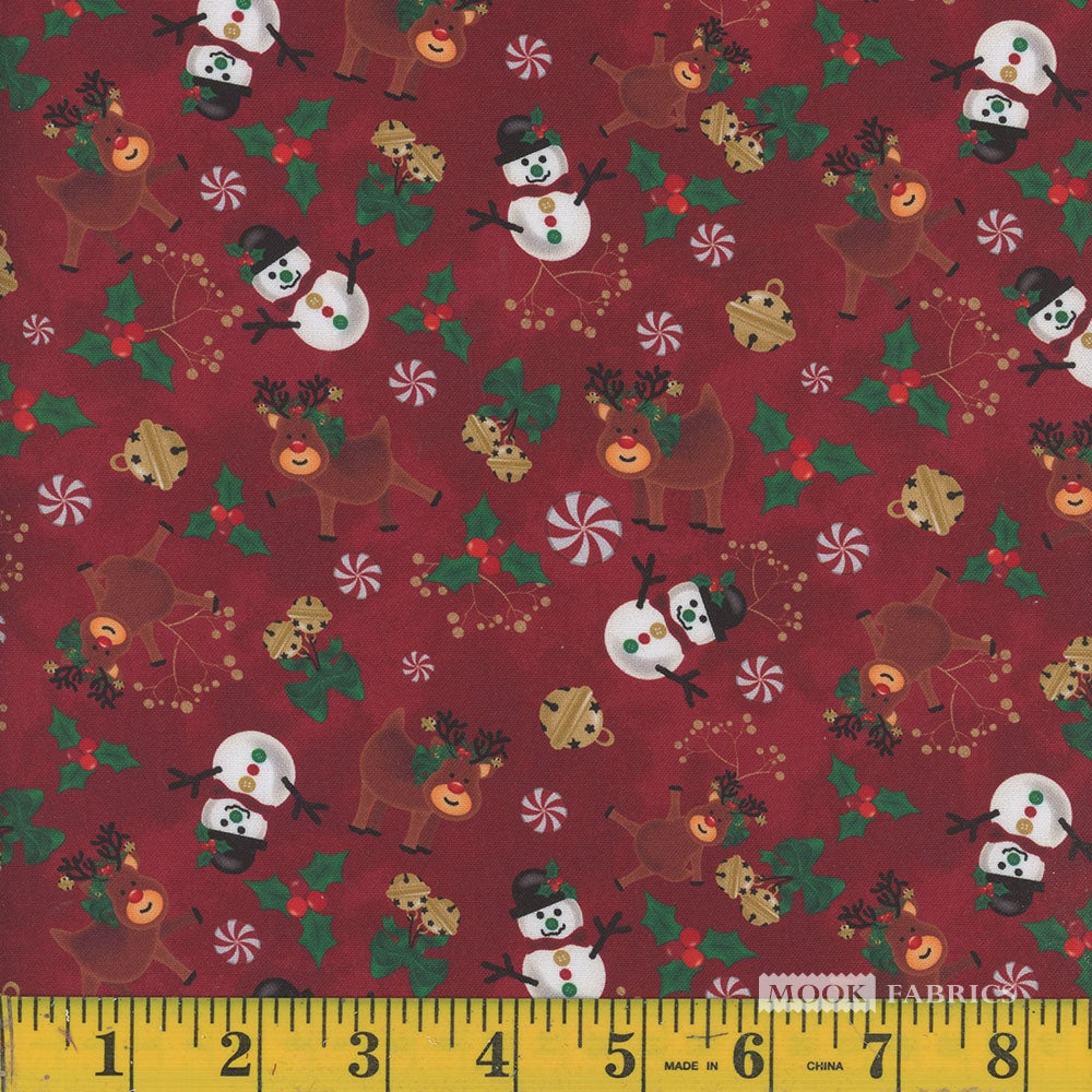 Christmas Snowmen Reindeer Bells Candy on Red 100% Cotton Price per yard