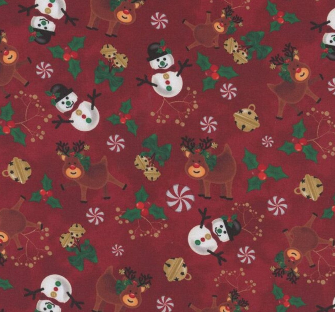 Christmas Snowmen Reindeer Bells Candy on Red 100% Cotton Price per yard