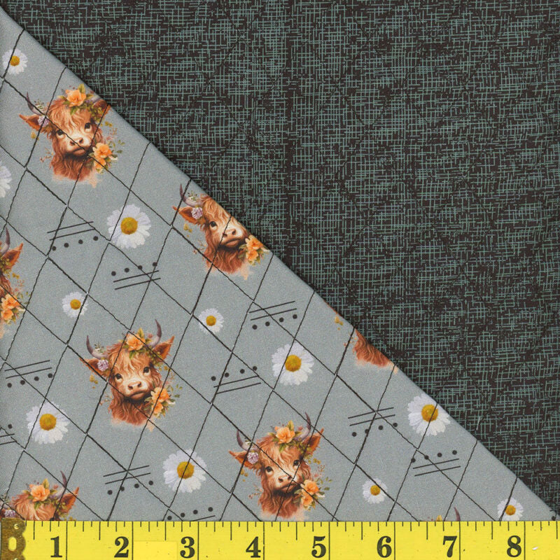 Double Faced Prequilted Highland Cows on Grey By the Yard Novelty