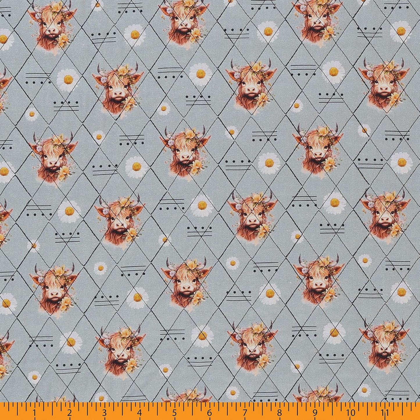 Double Faced Prequilted Highland Cows on Grey By the Yard Novelty