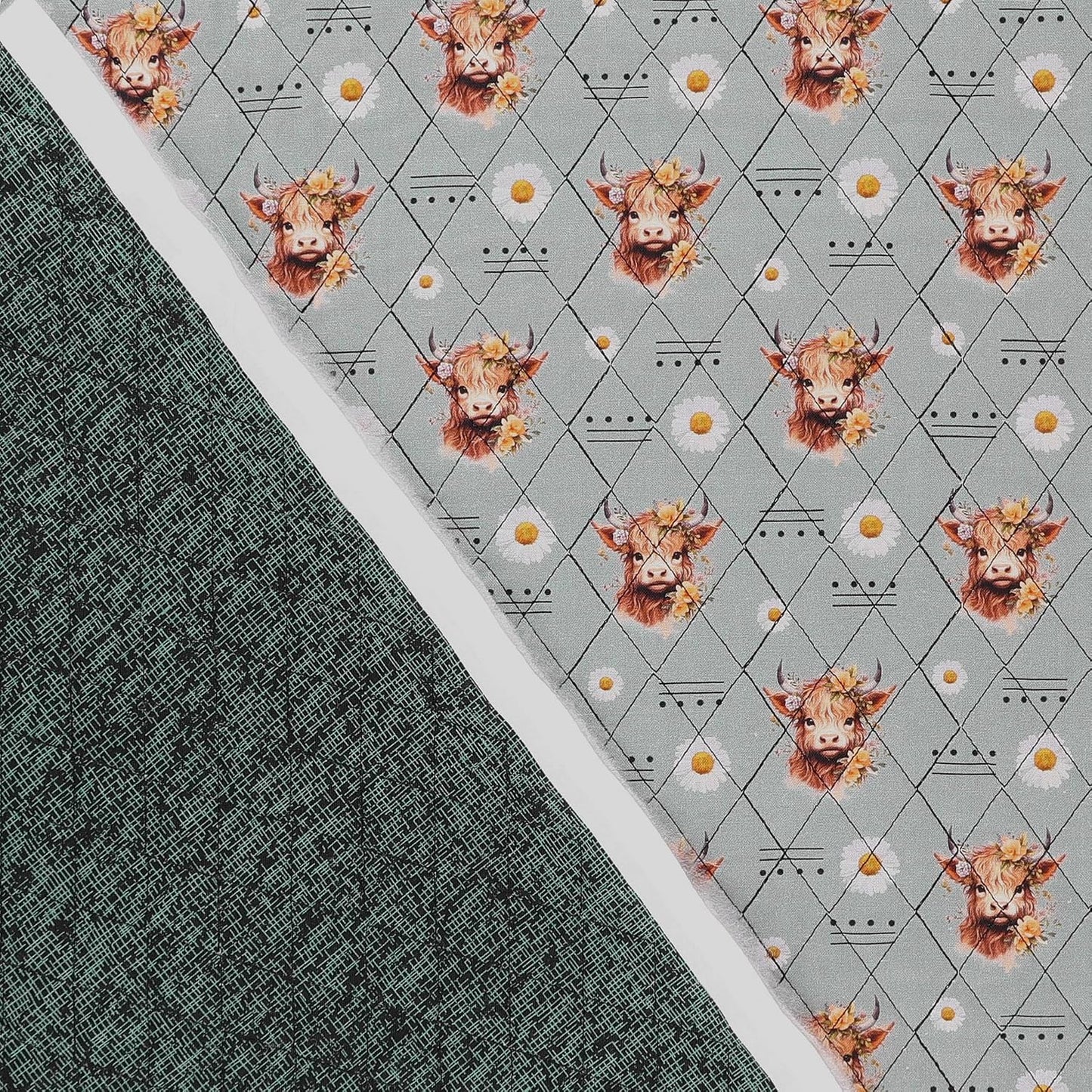 Double Faced Prequilted Highland Cows on Grey By the Yard Novelty