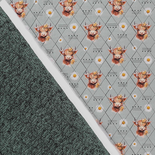 Double Faced Prequilted Highland Cows on Grey By the Yard Novelty