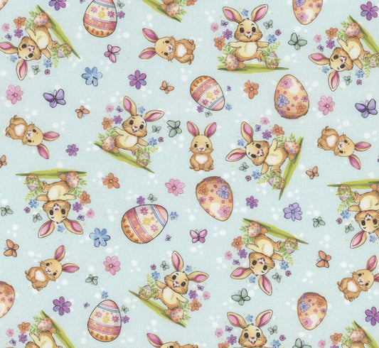 Mook Fabrics Hoppy Easter Bunnies Aqua 100% Cotton Price per Yard