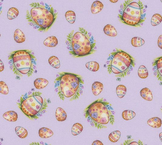 Mook Fabrics Hoppy Easter Eggs Lavender 100% Cotton Price per Yard