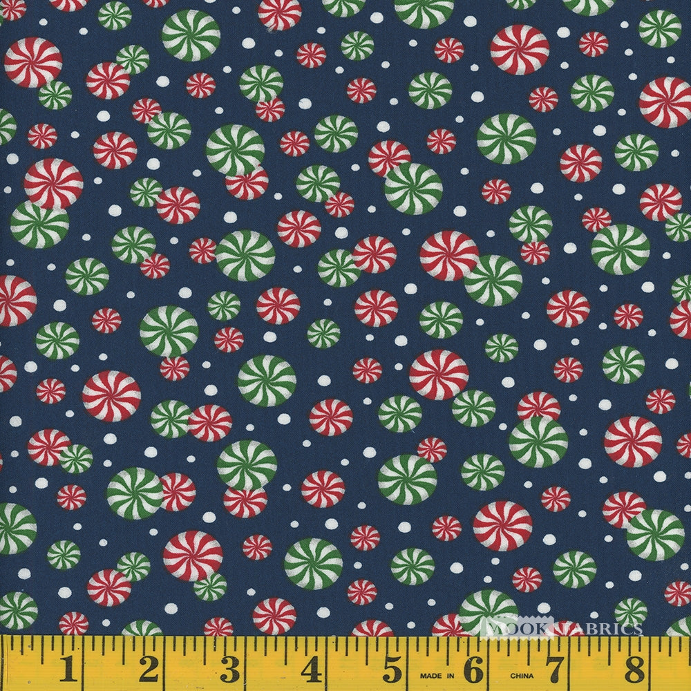 Foust Textiles Tis the Season Christmas Red and Green Peppermints on Blue 100% Cotton Price per Yard