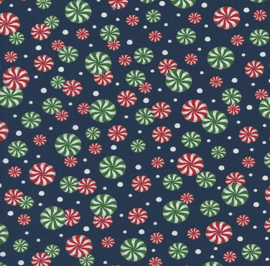 Foust Textiles Tis the Season Christmas Red and Green Peppermints on Blue 100% Cotton Price per Yard